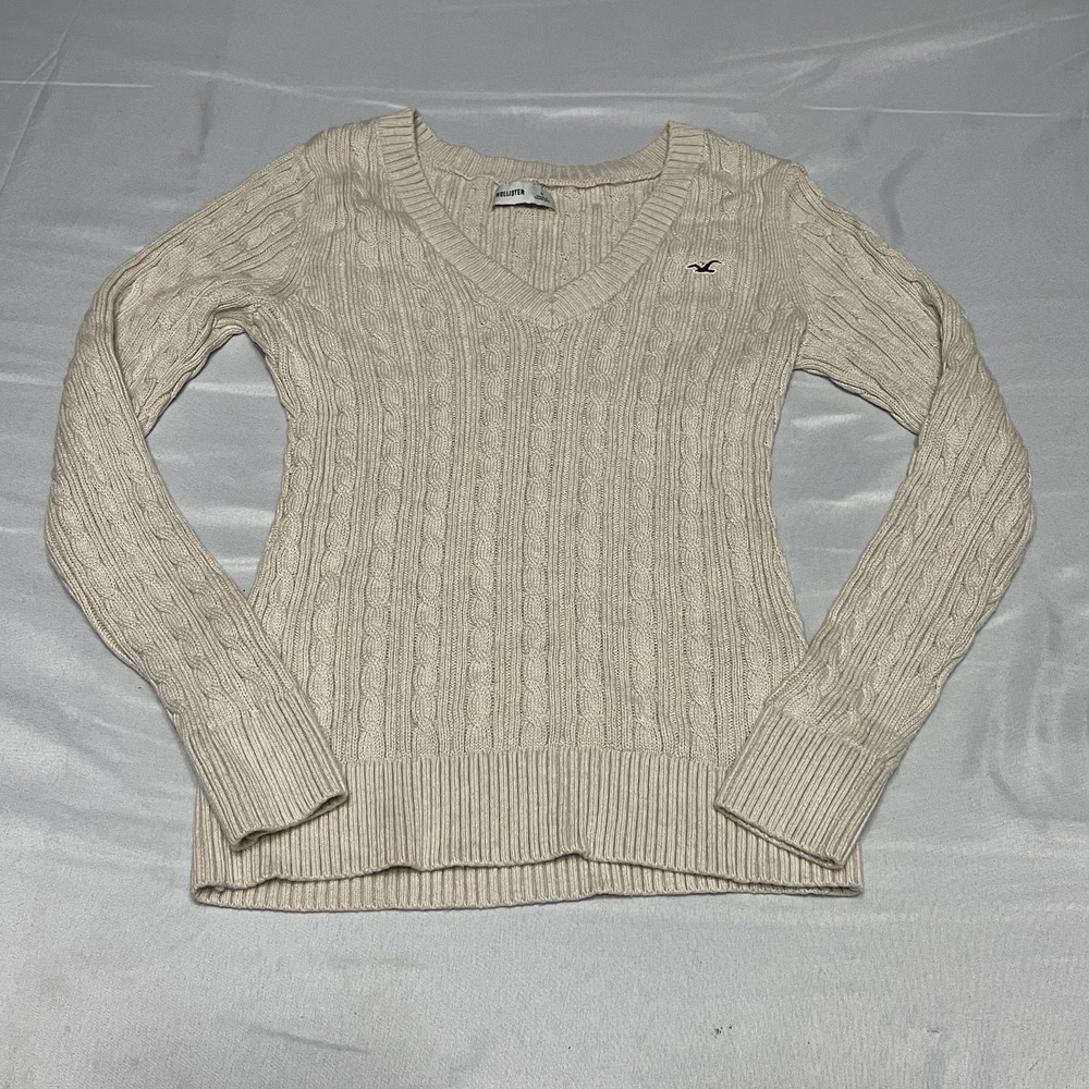 Y2K Hollister Sweater Womens Small Beige V-neck Cable Knit Bella Coquette
